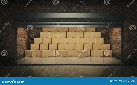 Open Self Storage Unit Full Of Cardboard Boxes 3d Rendering Stock