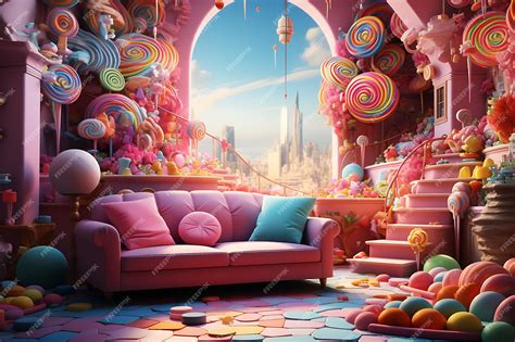 Premium Photo | Backdrop of Candyland Room Candy Shelves Giant ...