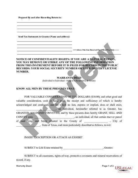 Abilene Texas Warranty Deed For Individual To Individual Subject To Retained Life Estate Us