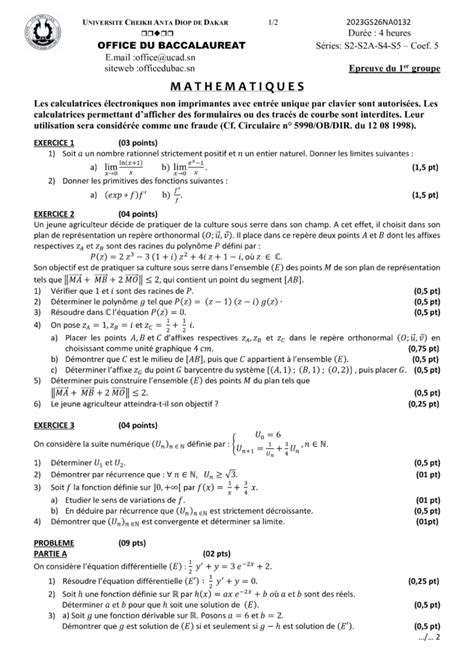 BAC 2023 Correction de lépreuve Mathématique Série S2 Concoursn