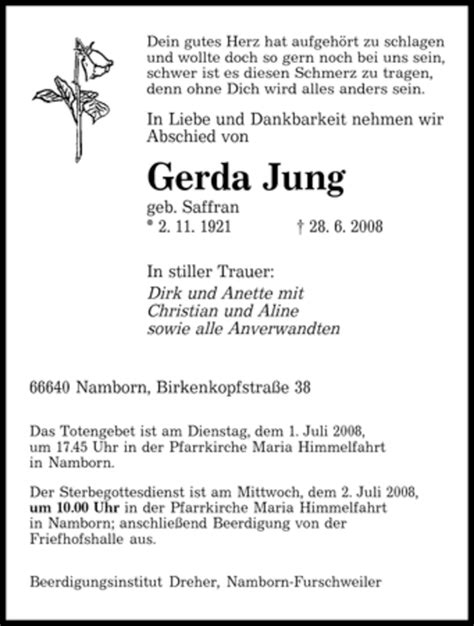 Traueranzeigen Von Gerda Jung Saarbruecker Zeitung Trauer De