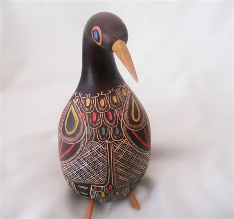 Vintage Peruvian Carved Hand Painted Gourd Maracas Bird Etsy