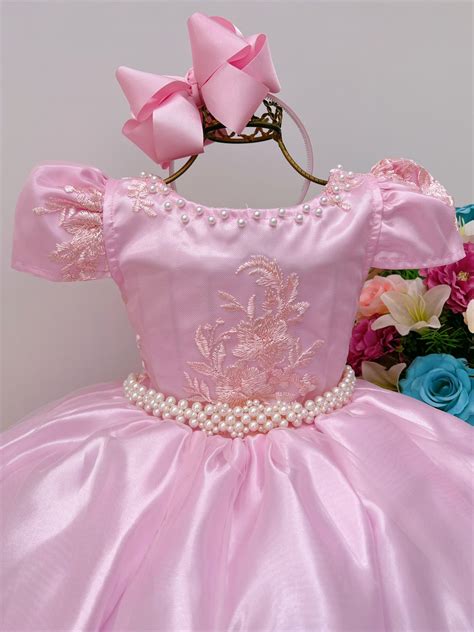 Vestido Infantil Rosa Luxo Pérola Rendado Casamento Damas Rosa