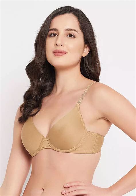 Clovia Clovia Level Push Up Underwired Demi Cup T Shirt Bra In Nude