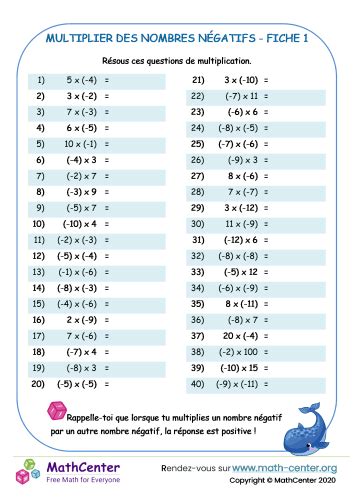 Cm Fiches De Travail Multiplier Des Nombres N Gatifs Math Center