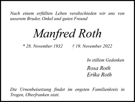 Traueranzeigen Von Manfred Roth WirTrauern