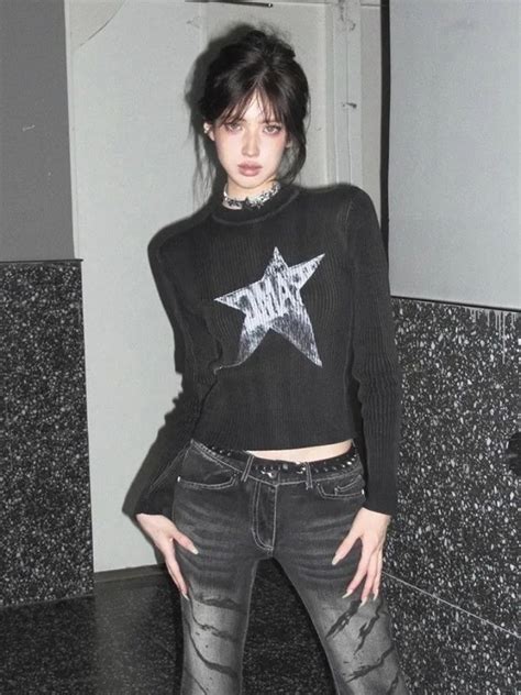 HOUZHOU Y2k Grunge Black T Shirts Women Vintage Japanese Gothic Cropped