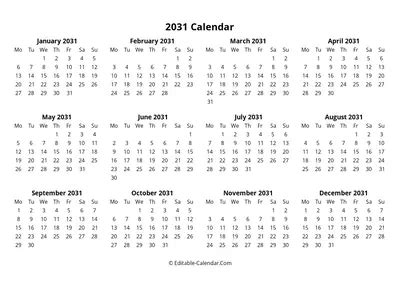 Download 2031 Printable Calendar Free With Us Holidays, weeks start on Sunday