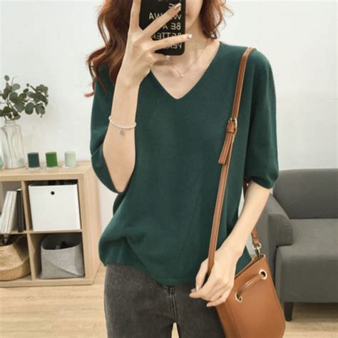 Ice Silk V Neck Knitted Tops Womens Plus Size Blouse Korean Style