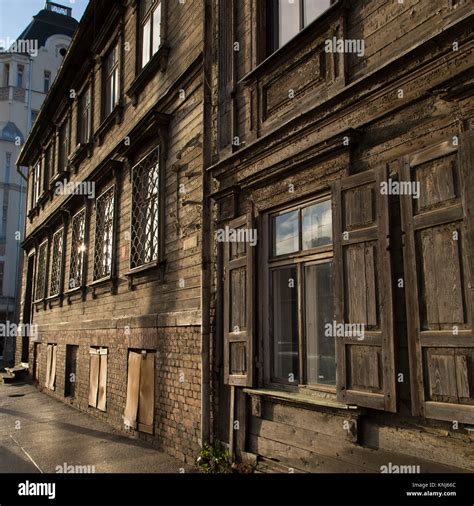 Window Of A Wooden House In Riga Latvia The Building Is Painted Green