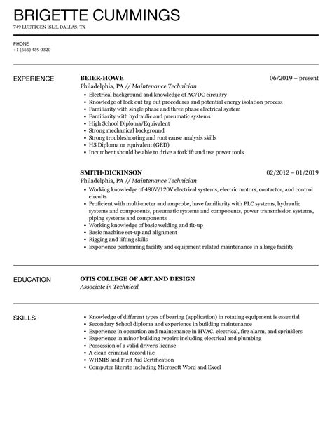 Maintenance Technician Resume Samples Velvet Jobs