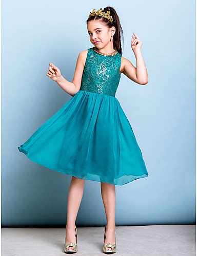 A Line Jewel Neck Knee Length Chiffon Sequined Junior Bridesmaid Dress