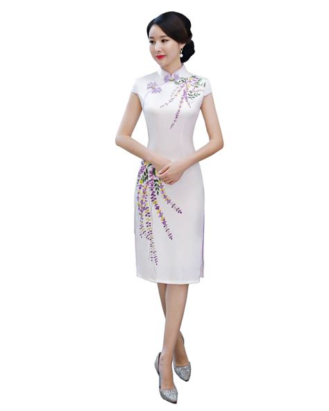 Shanghai Story 2018 Knee Length Flower Print Faux Silk Qipao Dress