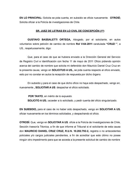 ROL V 64 2011 Oficio Ejemplo De Peticion EN LO PRINCIPAL Solicita