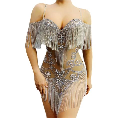 Rhinestones Fringes Mesh Bodysuit Crystal Chains