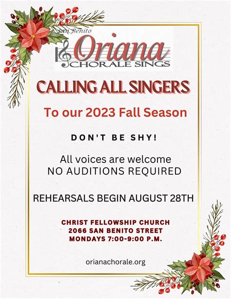 San Benito Oriana Chorale Calling All Singers Benitolink