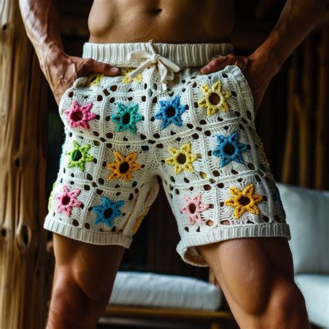 Handmade Crochet Shorts Boho Style Shorts For Men Rainbow Floral