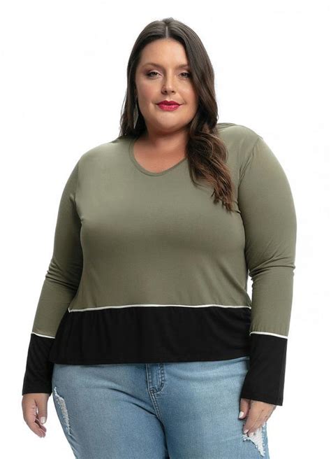 Mink Blusa Plus Size Verde Preto Recortes