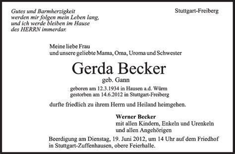 Traueranzeigen Von Gerda Becker Stuttgart Gedenkt De