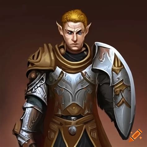 Male Half Elf Paladin In Heavy Armor With A Warhammer And A Shield On