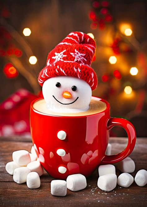 Red Mug With Hot Chocolate With Melted Marshmallow Stock Photo Image