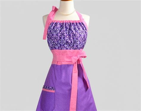 Cute Kitsch Retro Apron Full Kitchen Womens Apron Handmade Purple