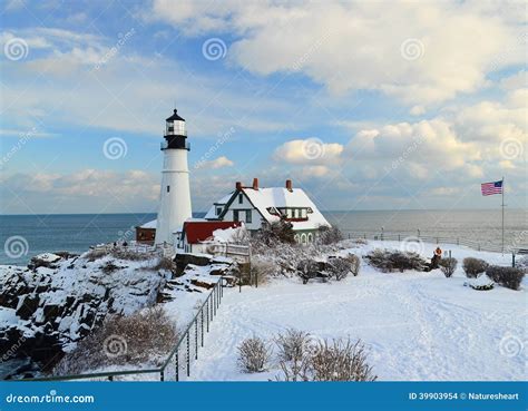 Maine Lighthouse in winter stock photo. Image of beach - 39903954