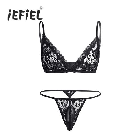 Iefiel Gay Men Lingerie Floral Lace Set Bra Top With G String See