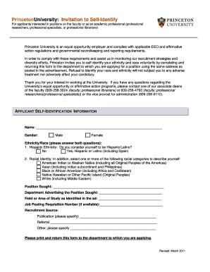 Fillable Online Princeton Applicant Self Identification Form