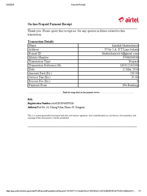 Airtel12mar16payment Receipt Receipt Payments