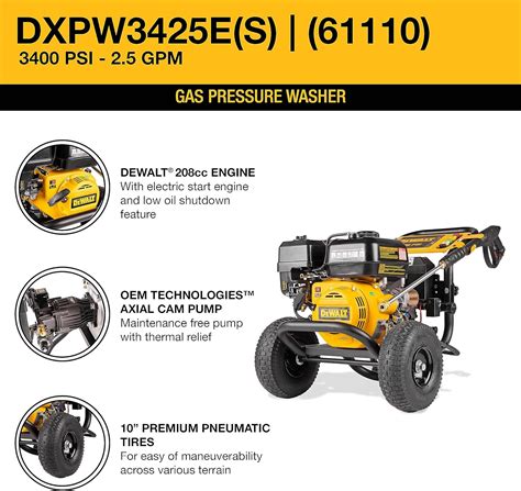 Dewalt Dxpw3425e S 3400 Psi Gas Pressure Washer 25 Gpm Axial Cam Pump 208cc Recoil With