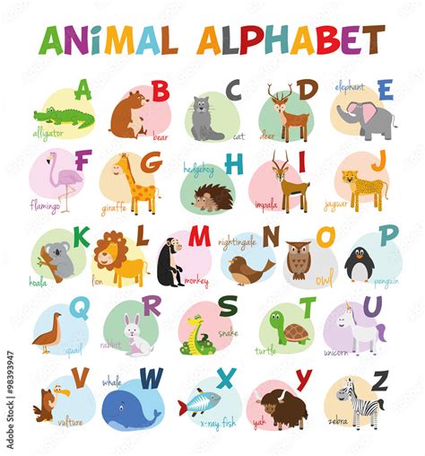 Ilustración de vector Alfabeto ilustrado con animales para niños. Abecedario inglés. Aprender a ...