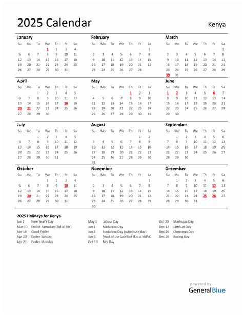 Standard Holiday Calendar For 2025 With Kenya Holidays