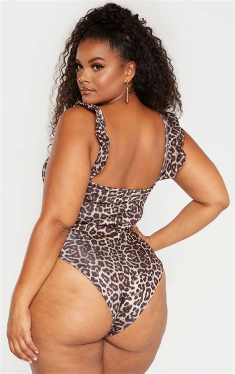 Plus Brown Leopard Print Frill Detail Swimsuit Swimsuits Brown