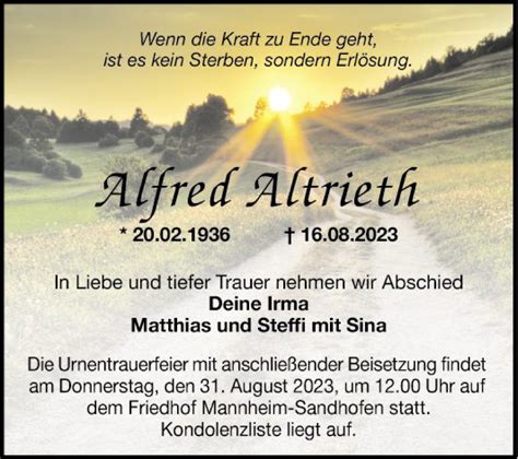 Traueranzeigen Von Alfred Altrieth Trauerportal Ihrer Tageszeitung