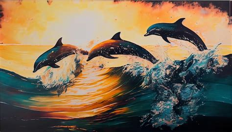 Pintura de delfines saltando del océano al atardecer generativa ai