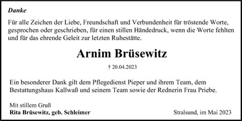 Traueranzeigen Von Arnim Br Sewitz Trauer Anzeigen De