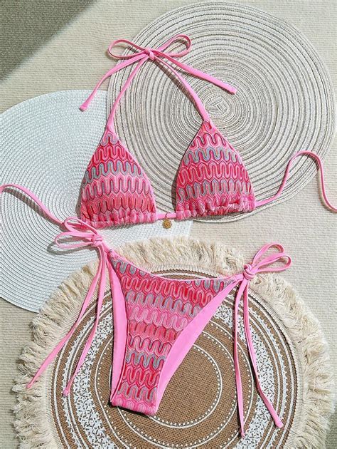 SHEIN Swim Mod Pcs Set Summer Women Colorful Textured Halter Neck Triangle Bikini Top Side