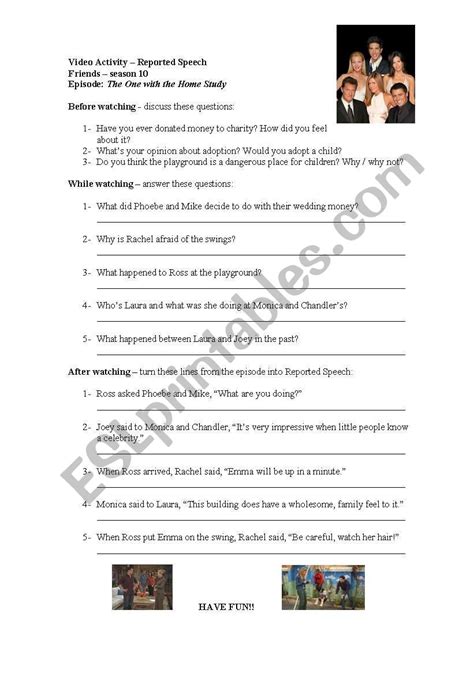 Reported Speech Video Activity - ESL worksheet by sarahtambur