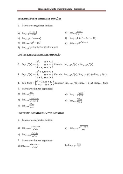 Limites Exercícios Lista De Exercicios Noções De Limite E
