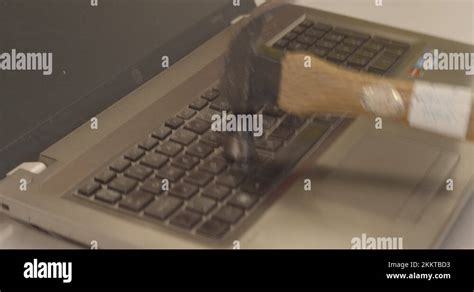 Slow Motion Smashing Laptop Keyboard By Hitting With A Hammer Angry