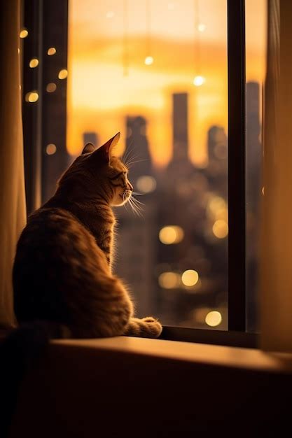 Un gato se sienta en el alféizar de una ventana mirando las luces de la