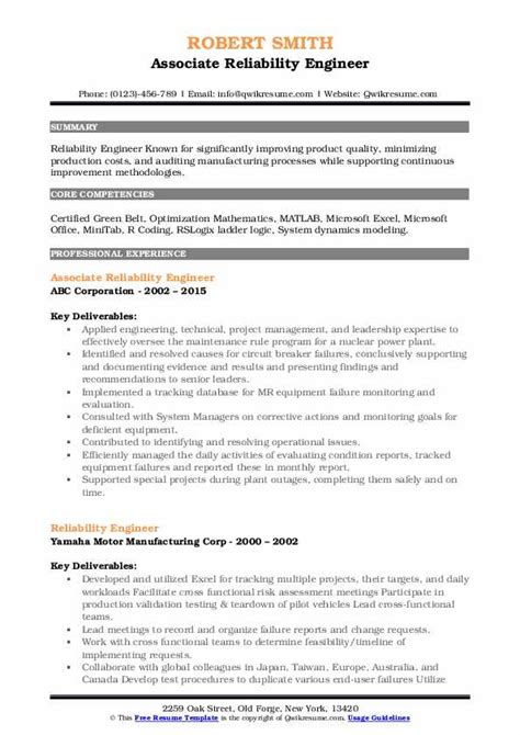 Reliability Engineer Resume Samples Qwikresume