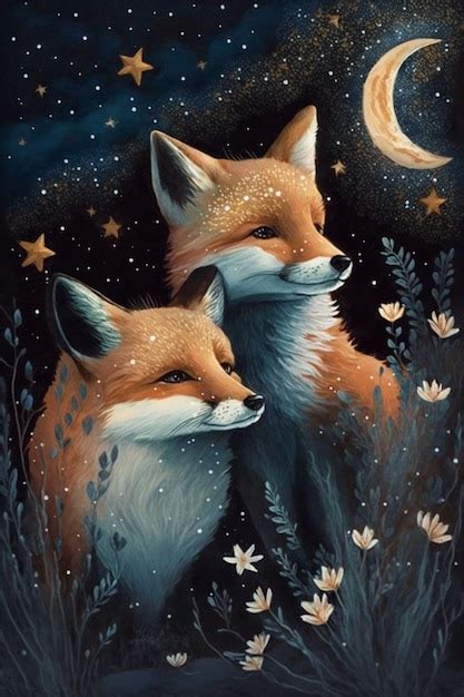 Premium Photo Painting Of Two Foxes In The Night With A Moon And