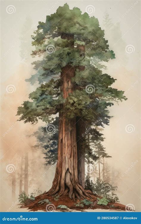 Giant Redwood Tree Watercolor Painting With A Minimalistic Style