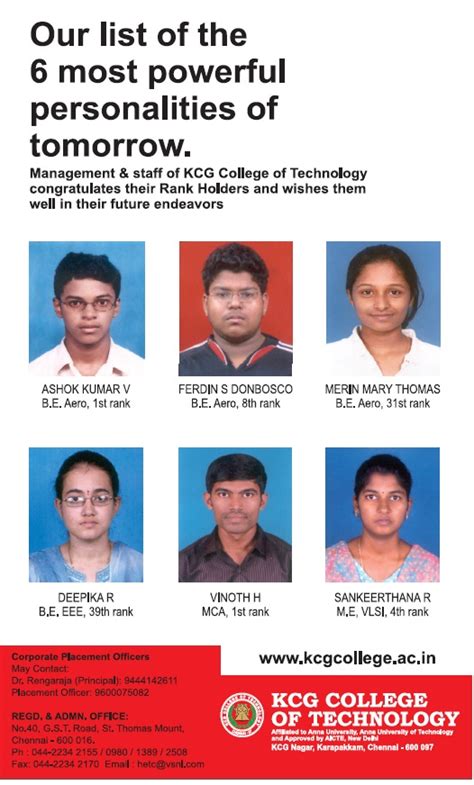 Kcg College Of Technology Engineering College Chennai Rank Holders