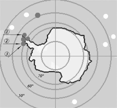 Gentoo penguin distribution map: the white dots indicate the breeding