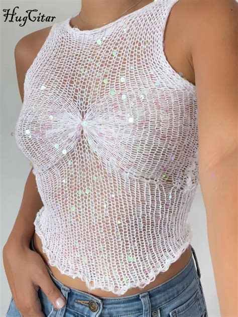 Hugcitar Knitted White O Neck Sequined Sexy See Through Crop Tank Top