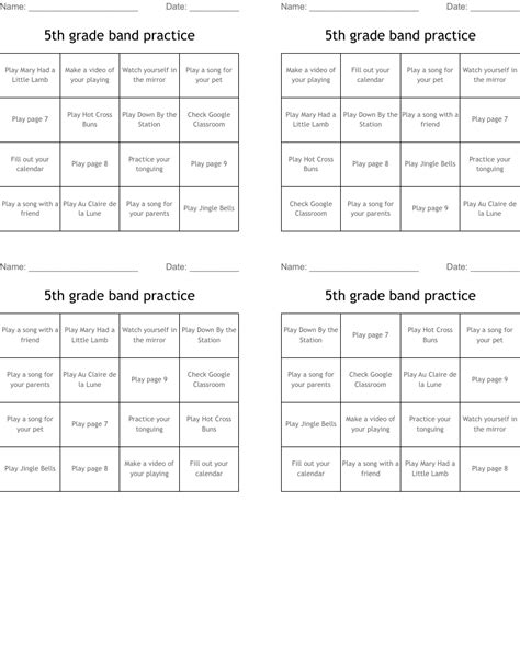 5th Grade Band Practice Bingo Cards Wordmint