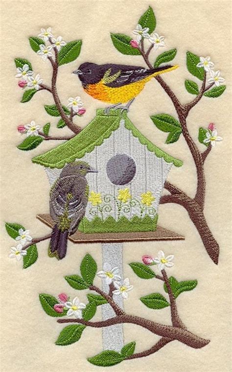 Spring Birdhouse With Orioles Machine By Azembroiderybarn On Etsy